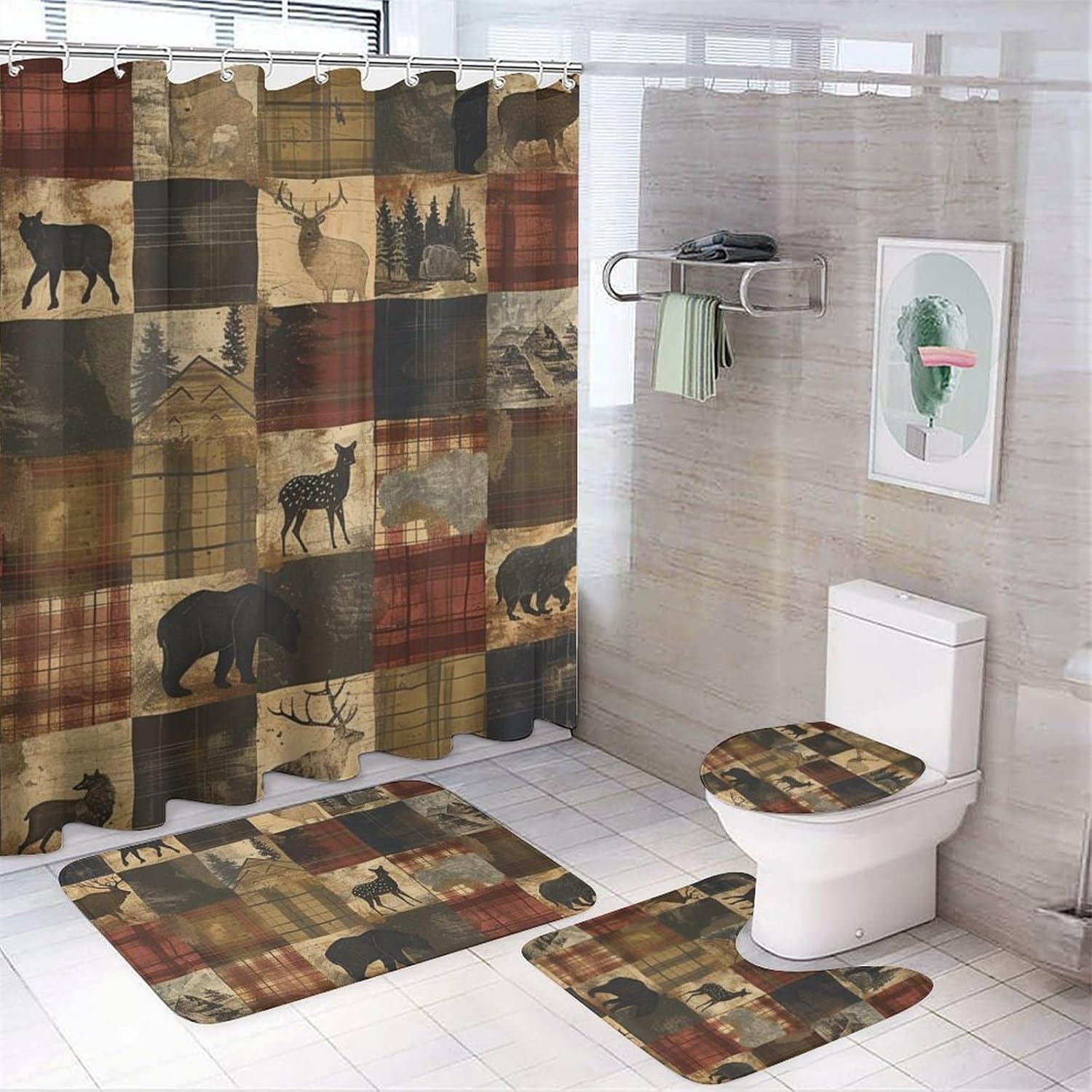 4Pcs Farmhouse Elk Deer Shower Curtain Set with Rug and Liner