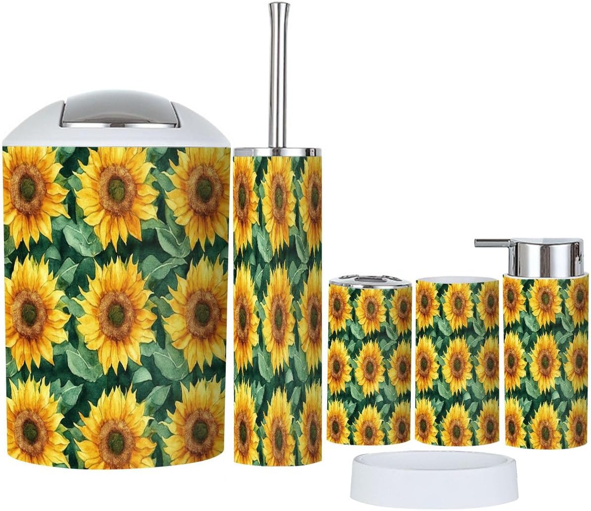 Boho Floral Sunflowers Bathroom Accessories Set 6 Piece
