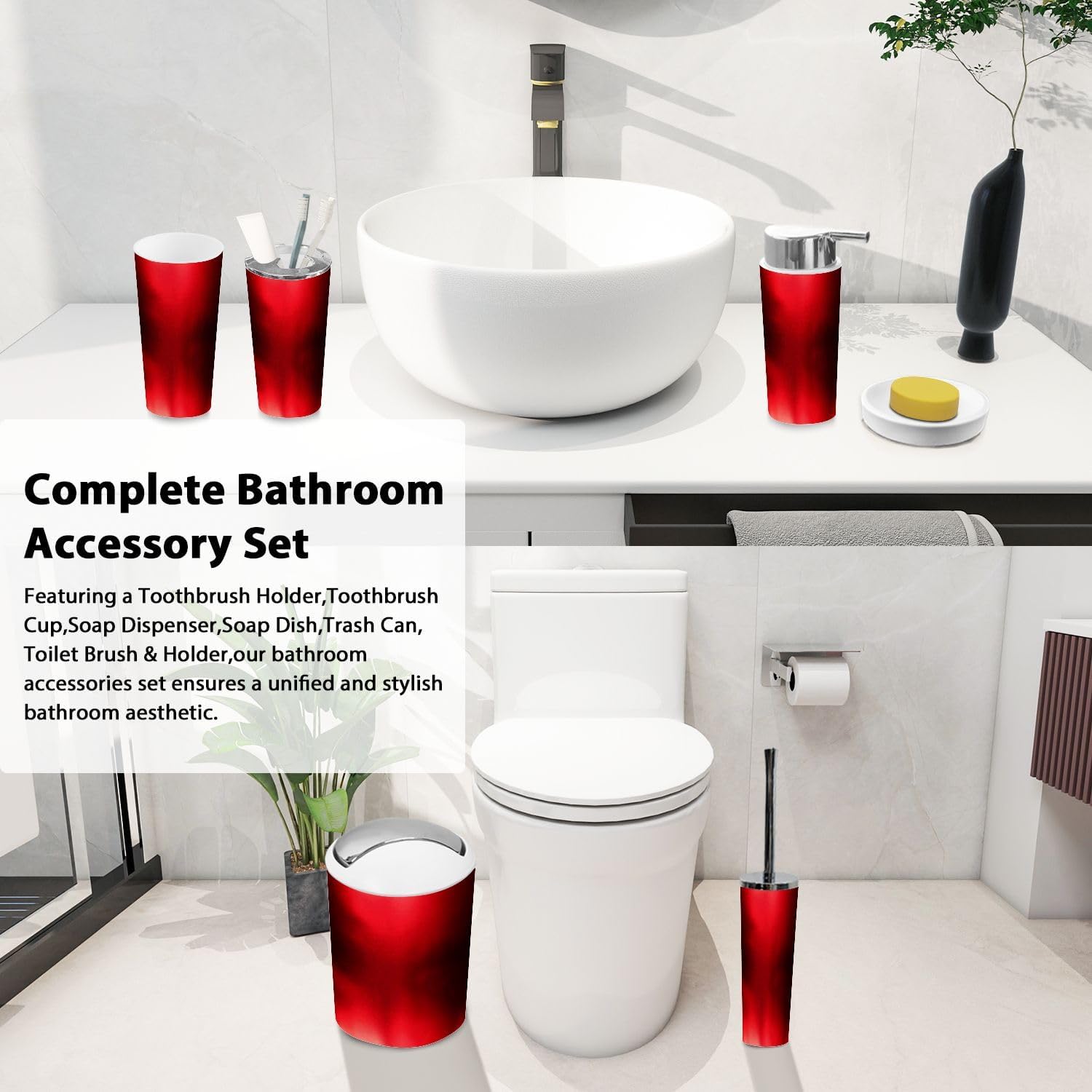 Boho Abstract Red Bathroom Accessory Set 6 Piece 1