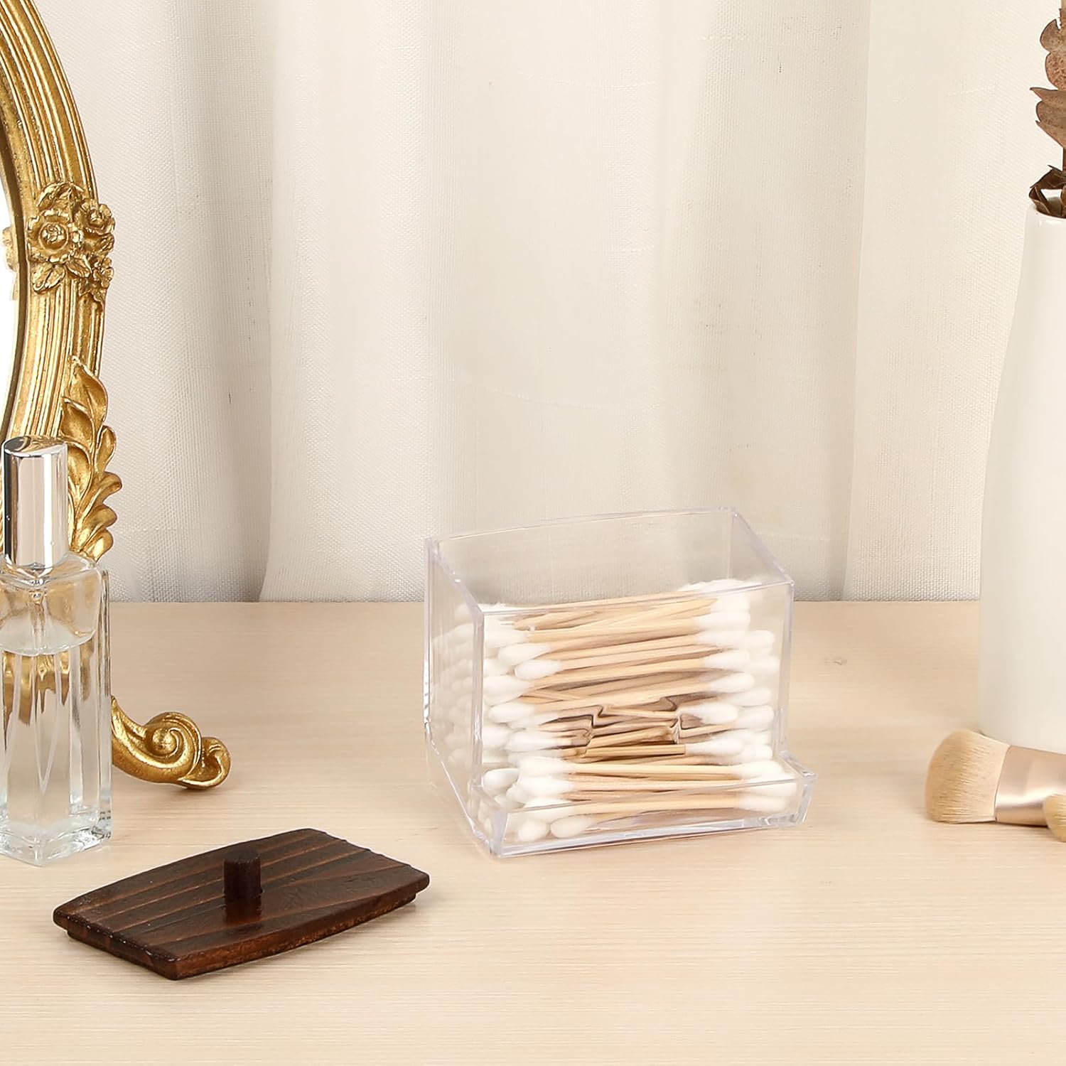 Hipiwe Clear Acrylic Q-Tip Holder with Wood Lid