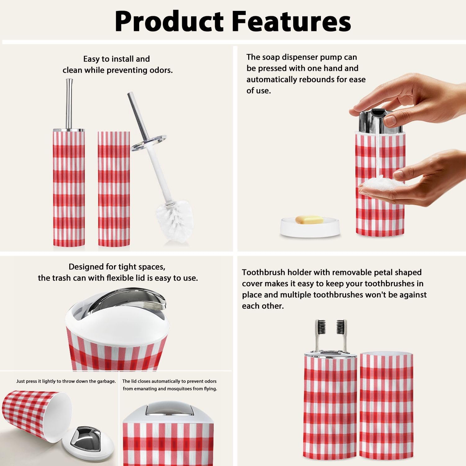 Boho Red White Checkered Bathroom Accessory Set 6 Piece 1