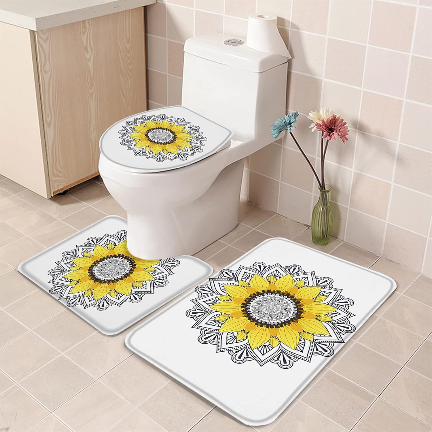 YESOF66 3 Piece Bathroom Rug Set Non-Slip Mandala Design