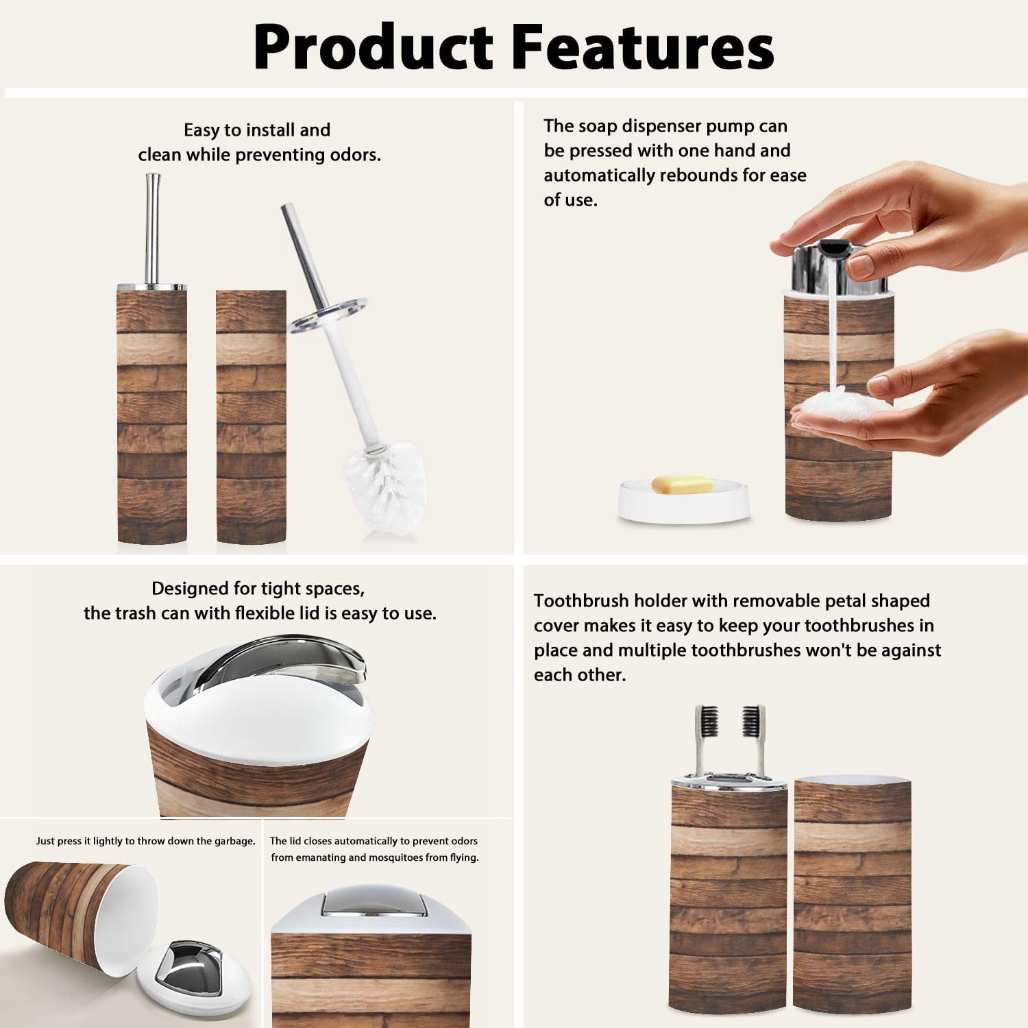 Boho Wooden Bathroom Accessories Set 6 Piece