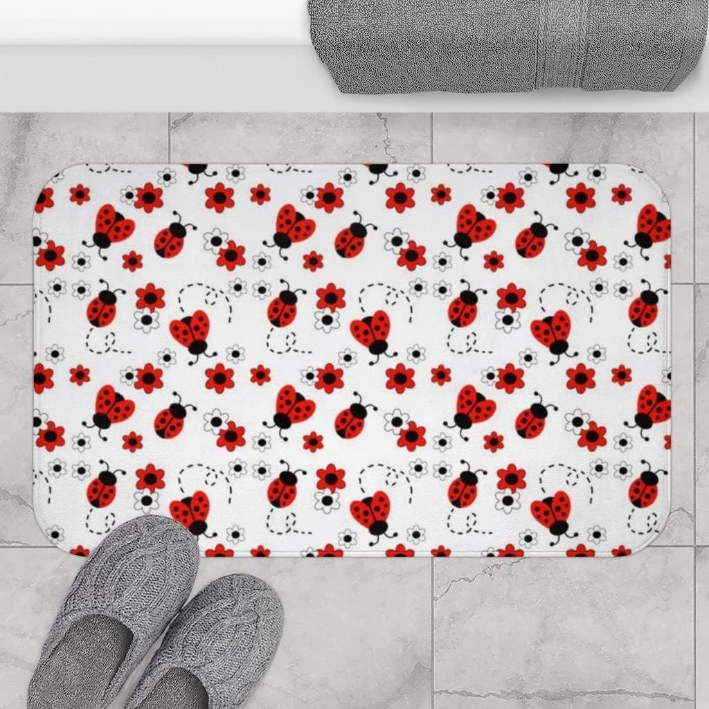 Red Floral Ladybug Bath Mat Non-Slip Washable 16x24in