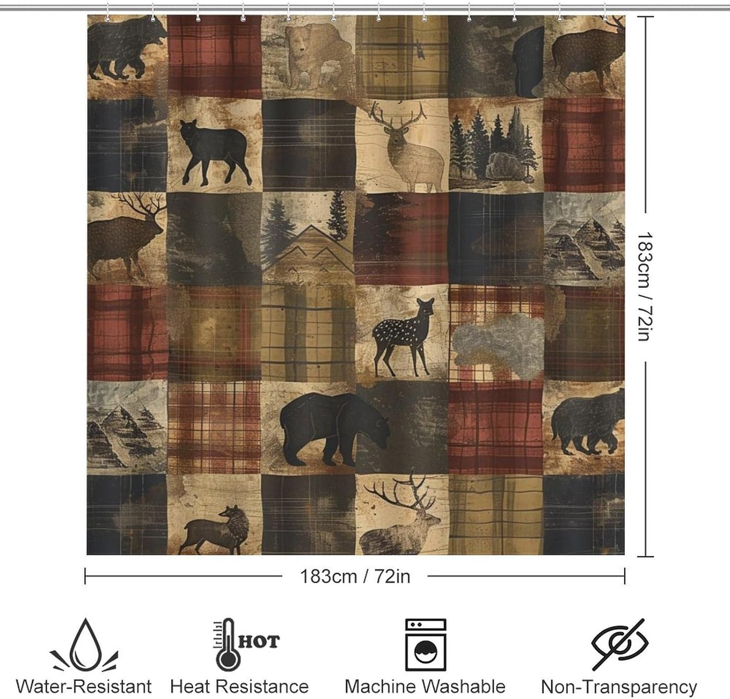 4Pcs Farmhouse Elk Deer Shower Curtain Set with Rug and Liner