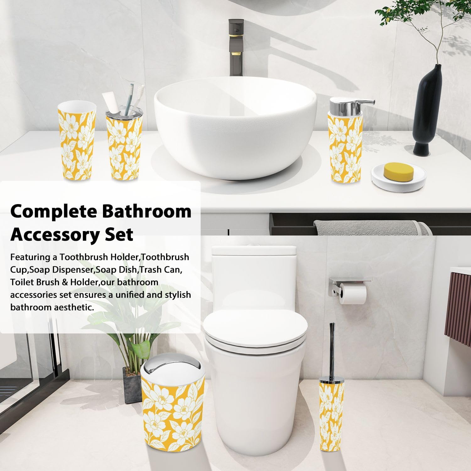 Boho Bathroom Accessories Set 6 Piece Bright Yellow Orange