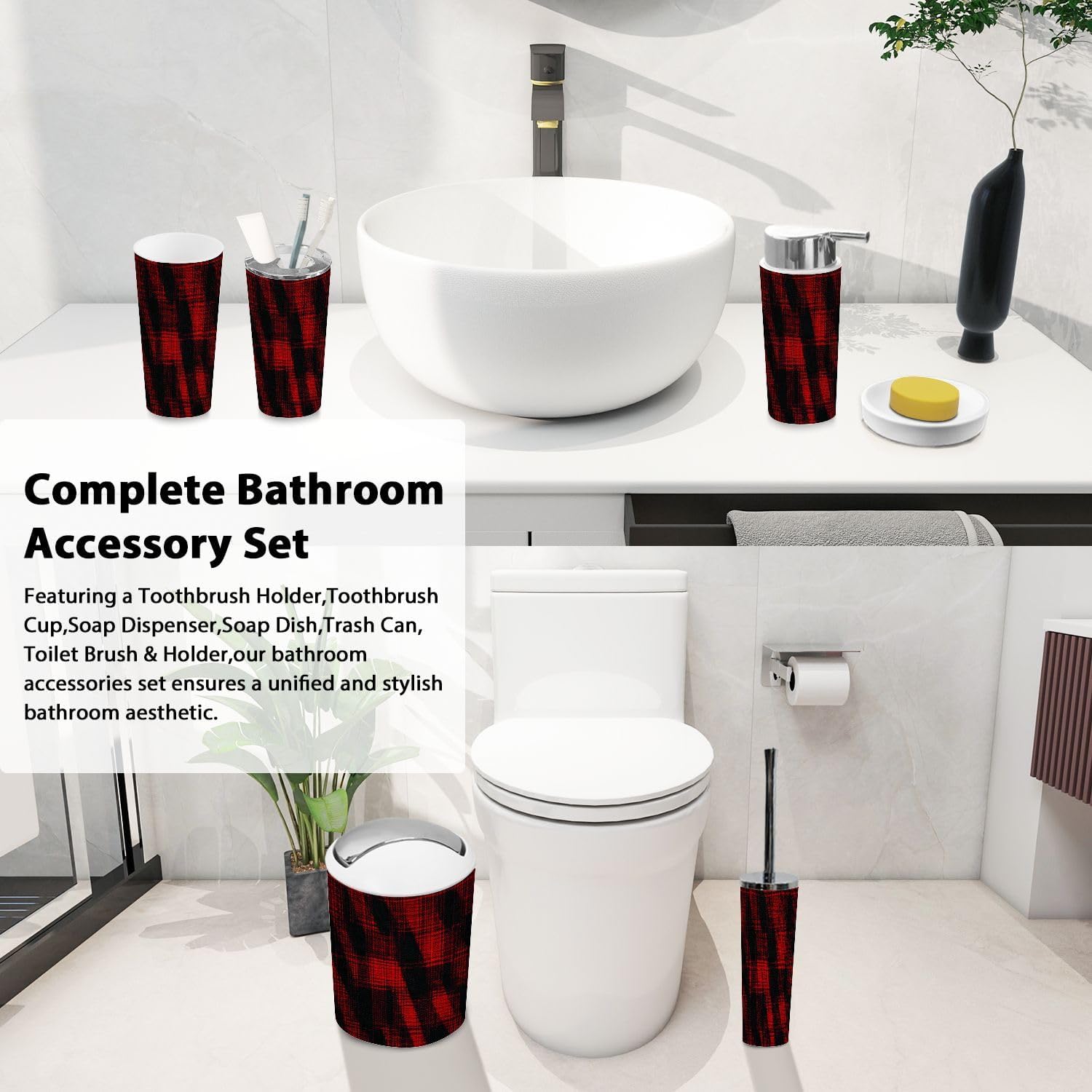 Boho Plaid Tartan Bathroom Accessories Set 6 Piece