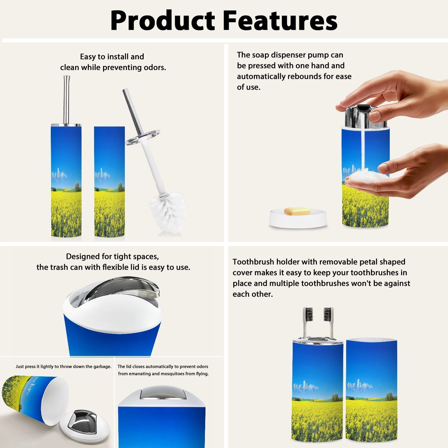 Boho Field Colza Rapeseed Bathroom Accessory Set 6 Piece