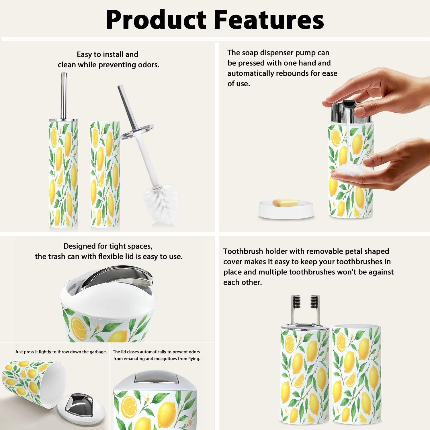 Boho Bathroom Accessory Set 6 Piece Lemon Design