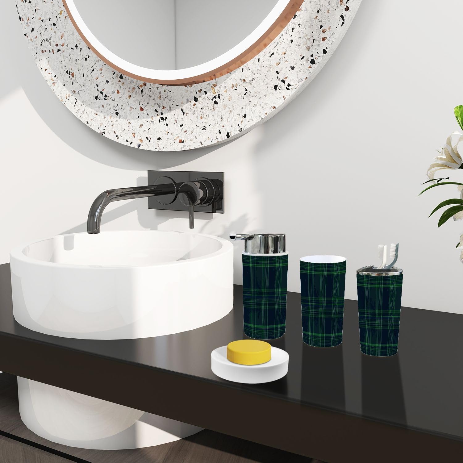 Boho Blue Green Tartan Plaid 6-Piece Bathroom Accessory Set