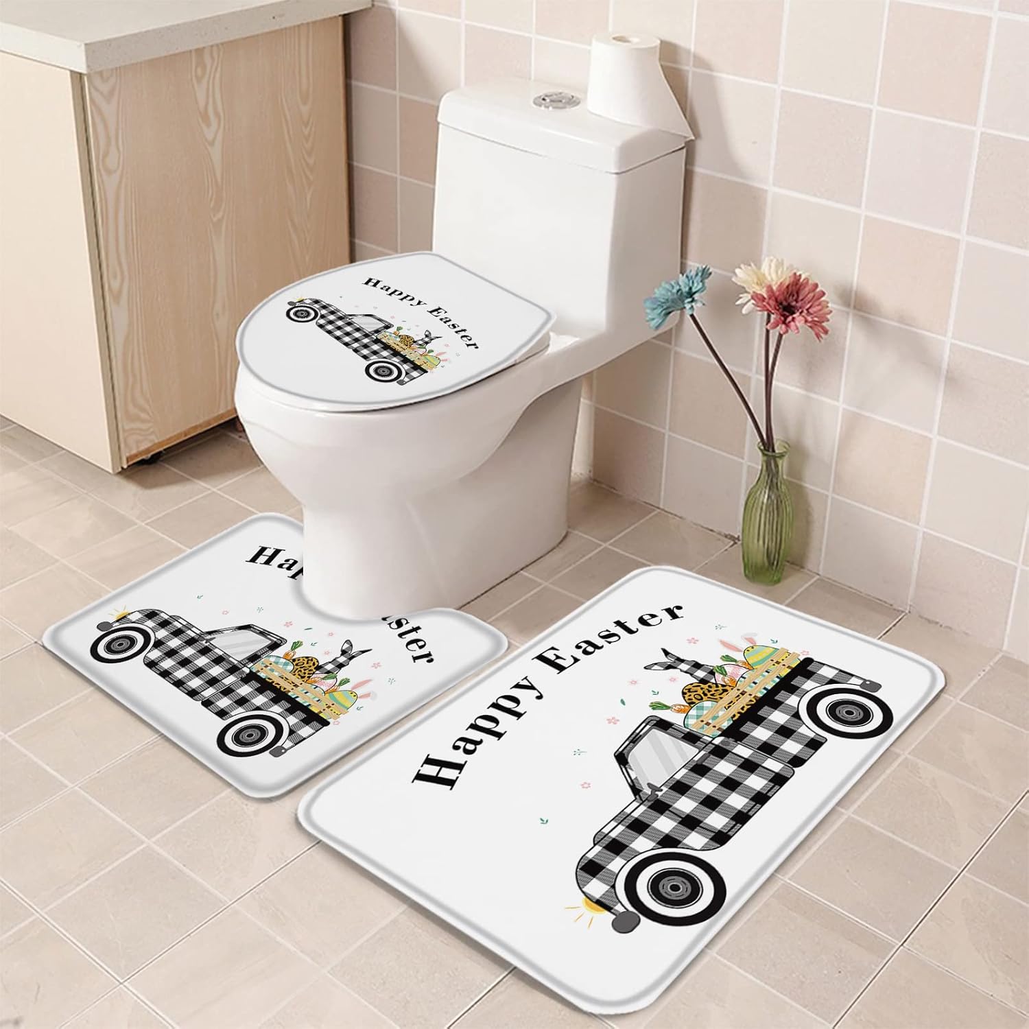YESOF66 3 Piece Bathroom Rug Set with Non-Slip U Shaped Cover