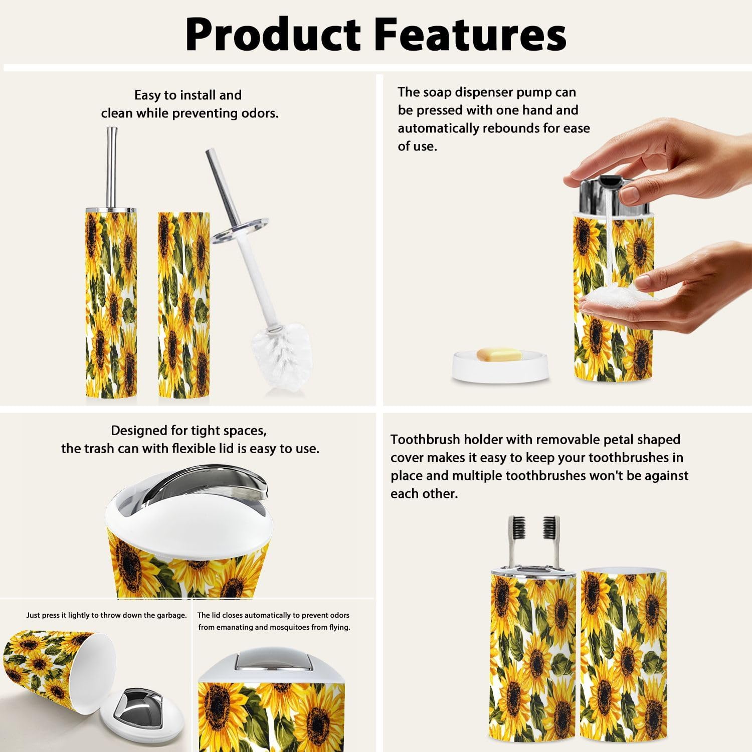Boho Bathroom Accessories Set 6 Pieces White Sunflowers Design