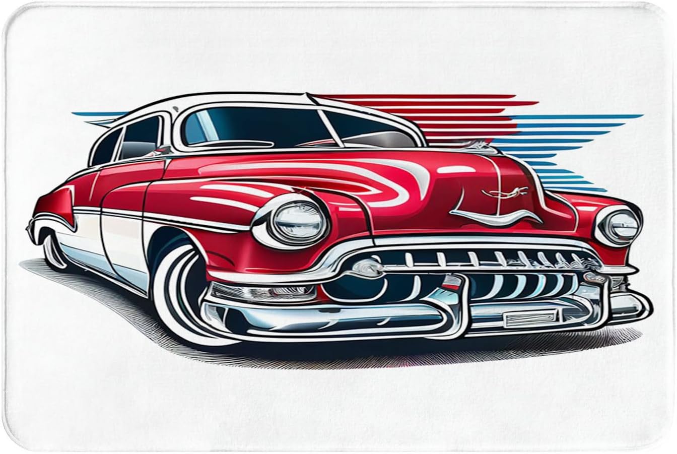 Non-Slip Bath Mat with Cartoon Red Vintage Car Design
