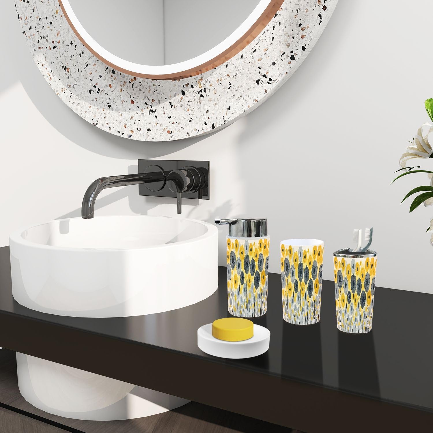 Boho Abstract Trash Can Set 6 Piece Bathroom Accessories