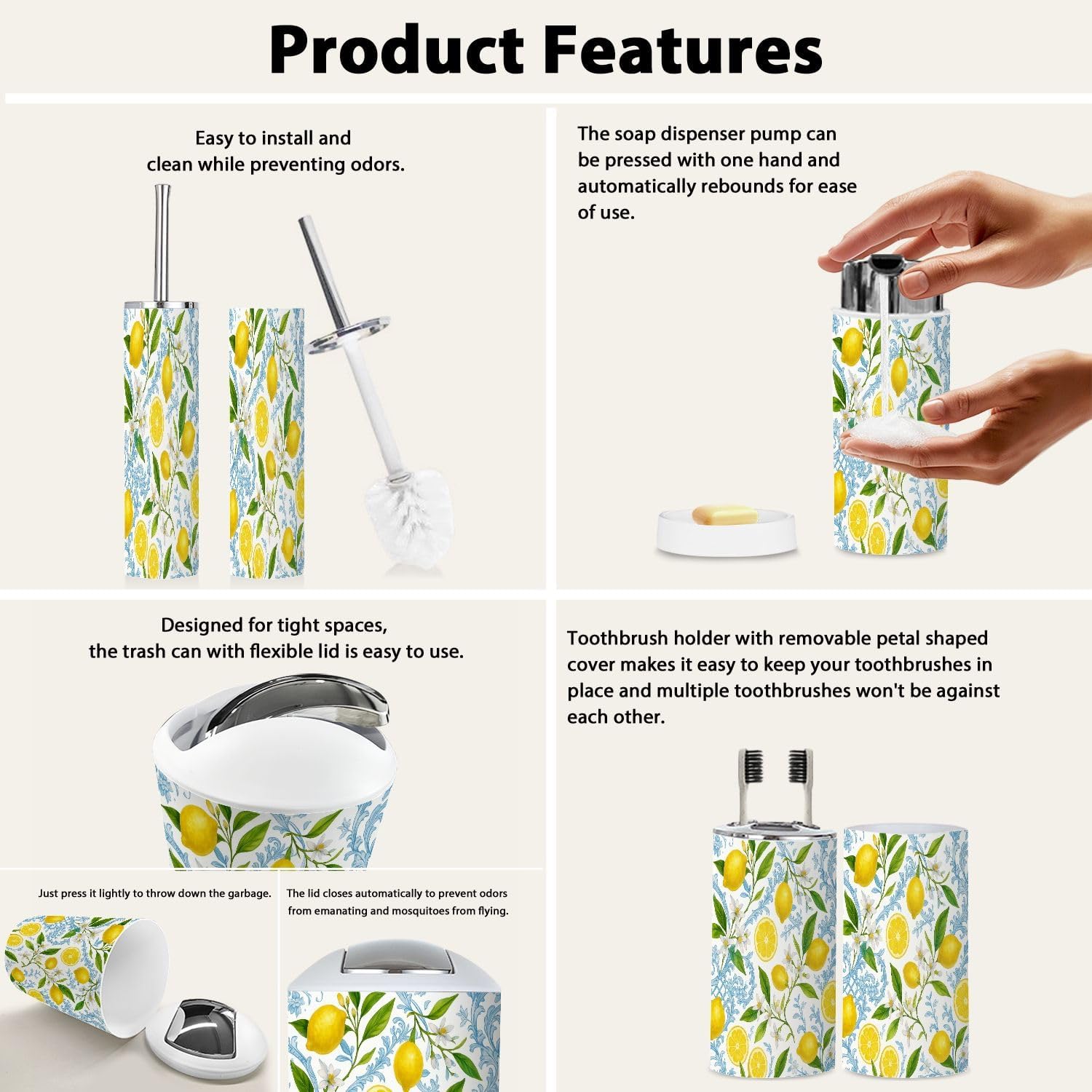 Boho Bathroom Accessory Set of 6 Pieces Yellow Lemon Fruits Floral