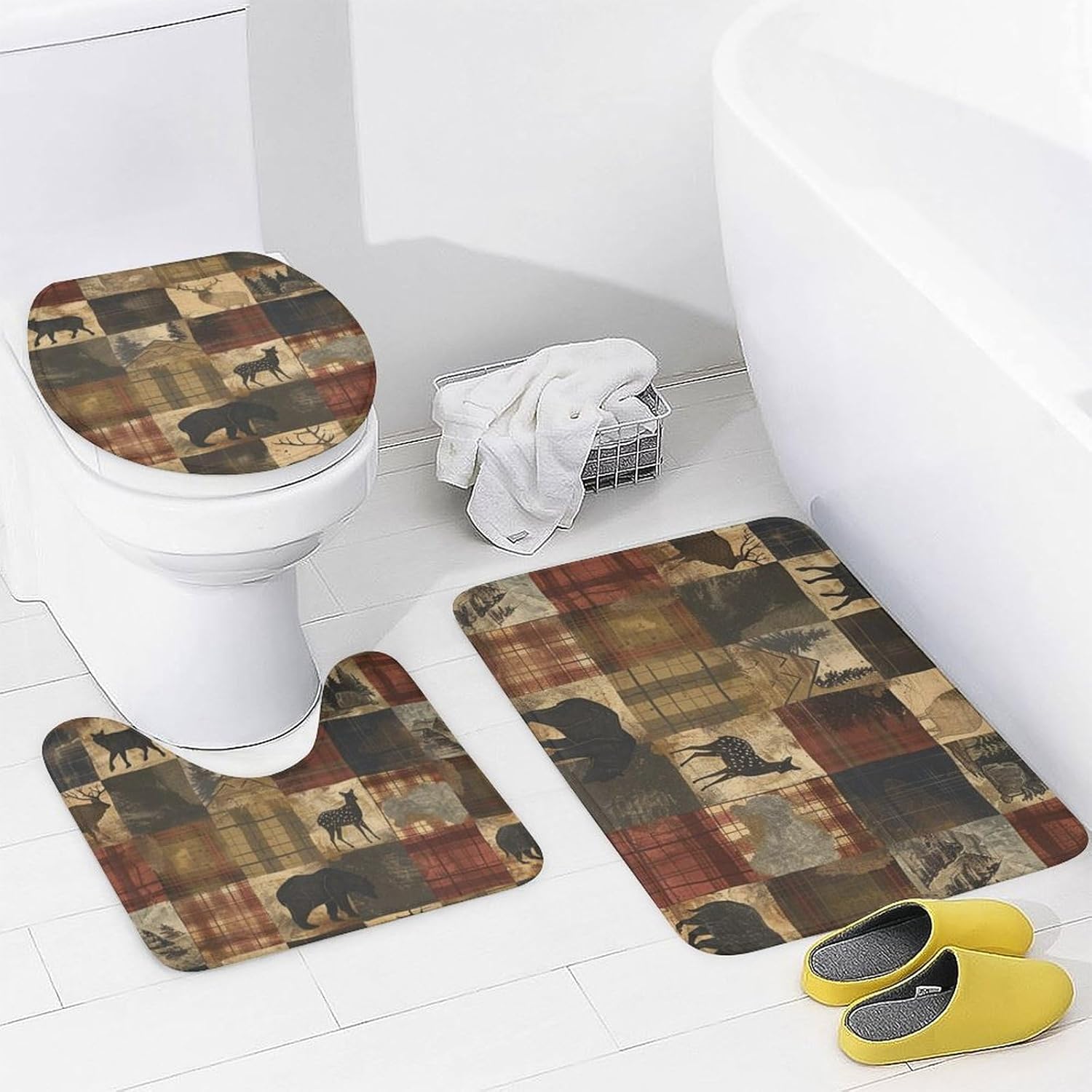 4Pcs Farmhouse Elk Deer Shower Curtain Set with Rug and Liner
