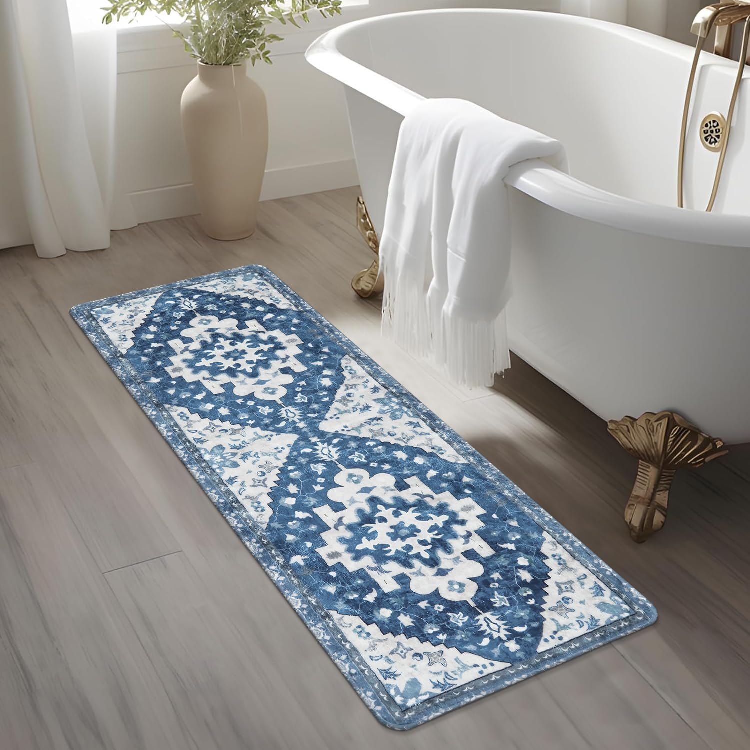 Uphome Boho Bathroom Rug Runner Non-Slip Blue Soft Mat