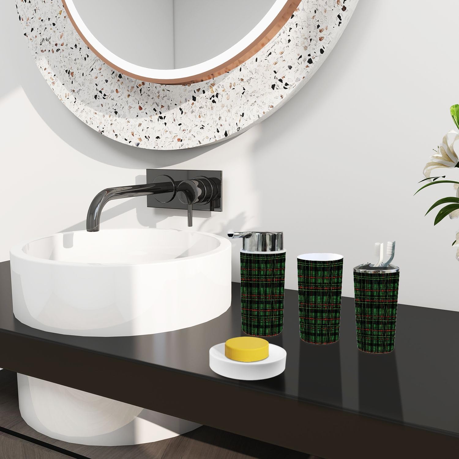 Boho Green Tartan Plaid 6-Piece Bathroom Accessory Set