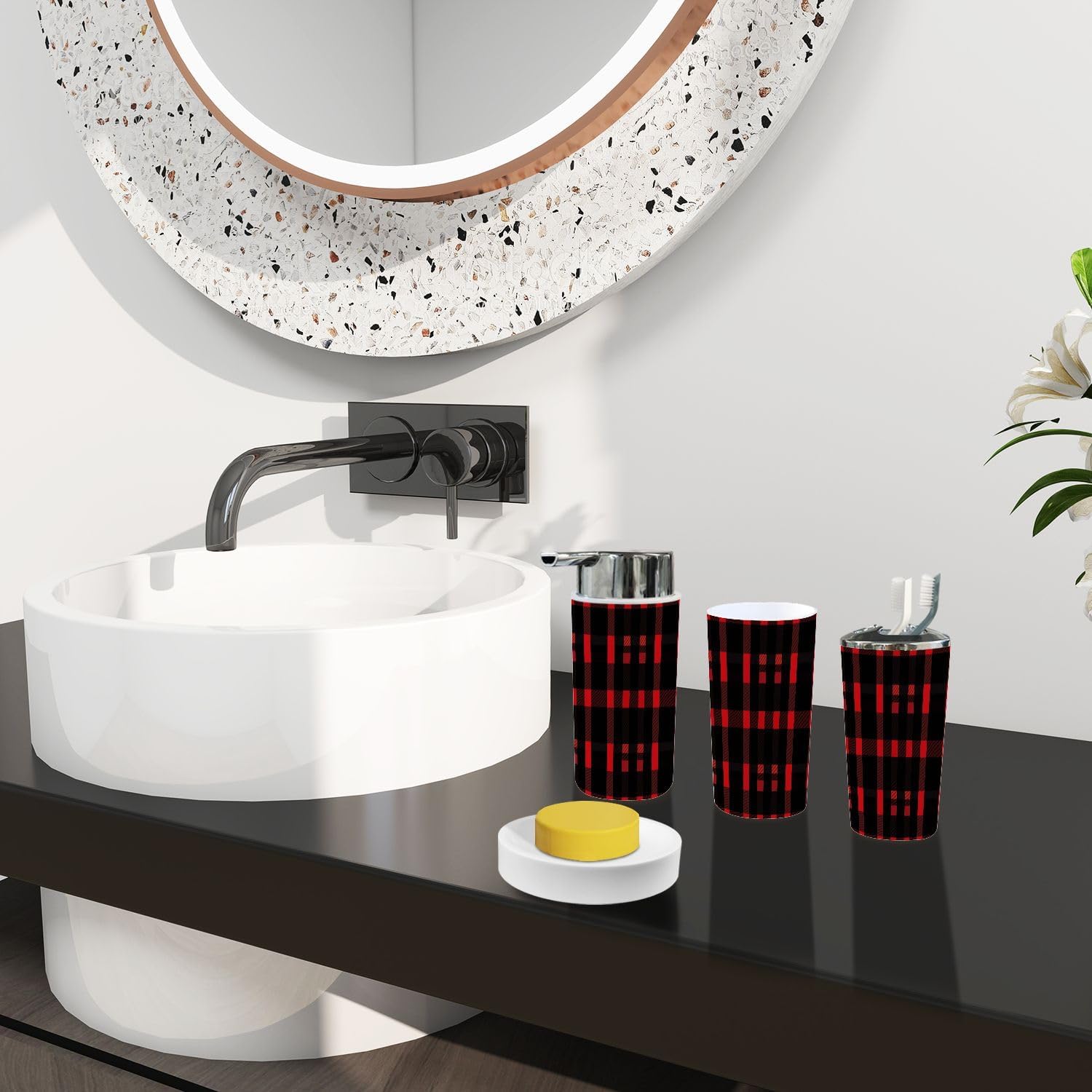 Boho Bathroom Accessory Set 6 Piece Red Black Green Tartan Plaid