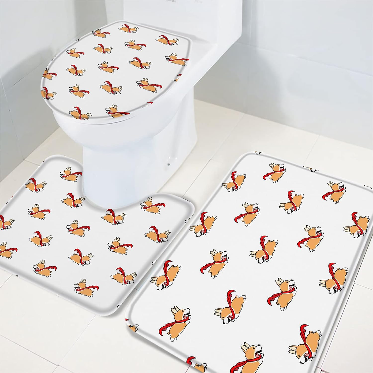 YESOF66 3 Piece Bathroom Rugs Set with Cute Corgis Pattern