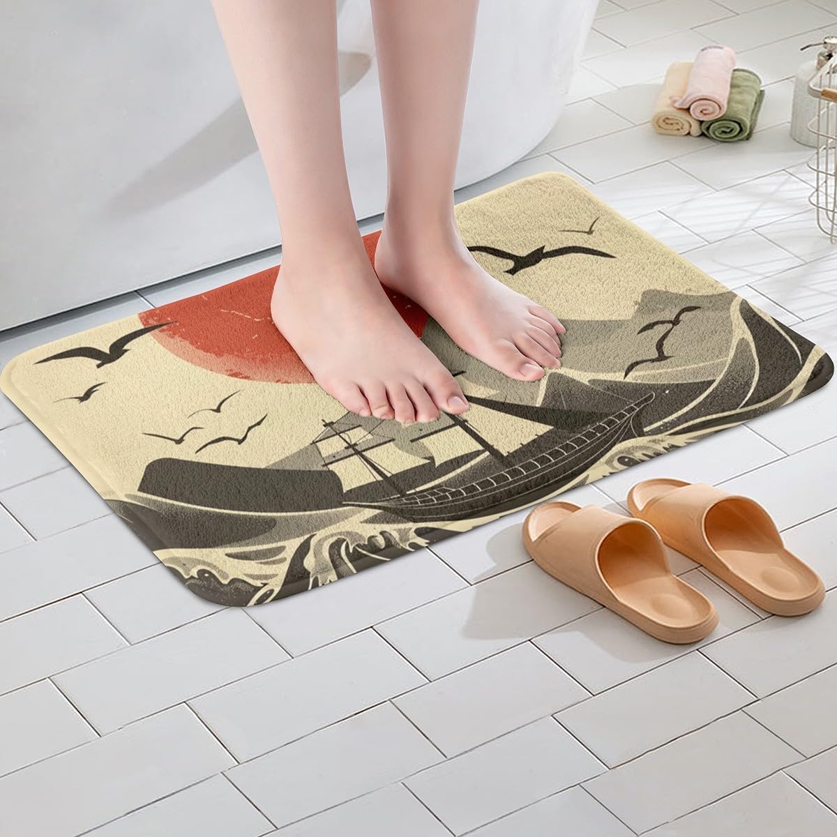 Jejeloiu Nautical Bath Rug for Kids Beige 16x24