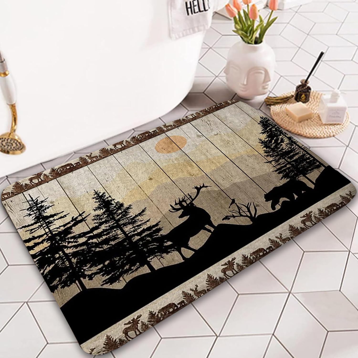 NYMB Rustic Cabin Bath Rug Set 19x31in Deer Bear Forest Print
