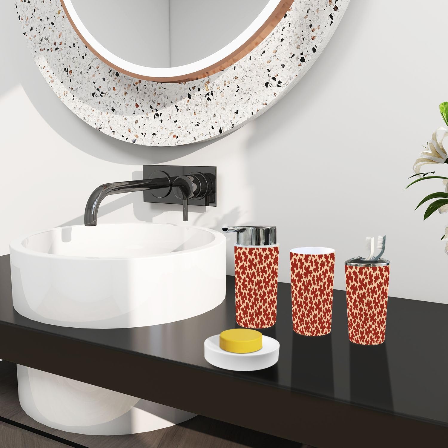 TRANQDEHOM 6 Piece Boho Cow Skin Bathroom Accessory Set
