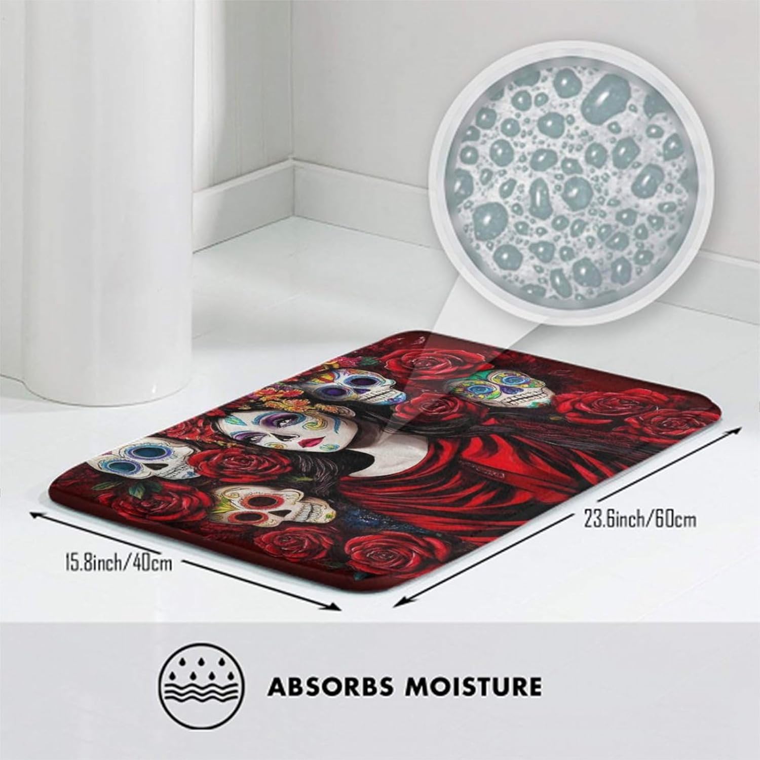 BoomDragon Non-Slip Memory Foam Bath Rug with Mexican Red Rose Design