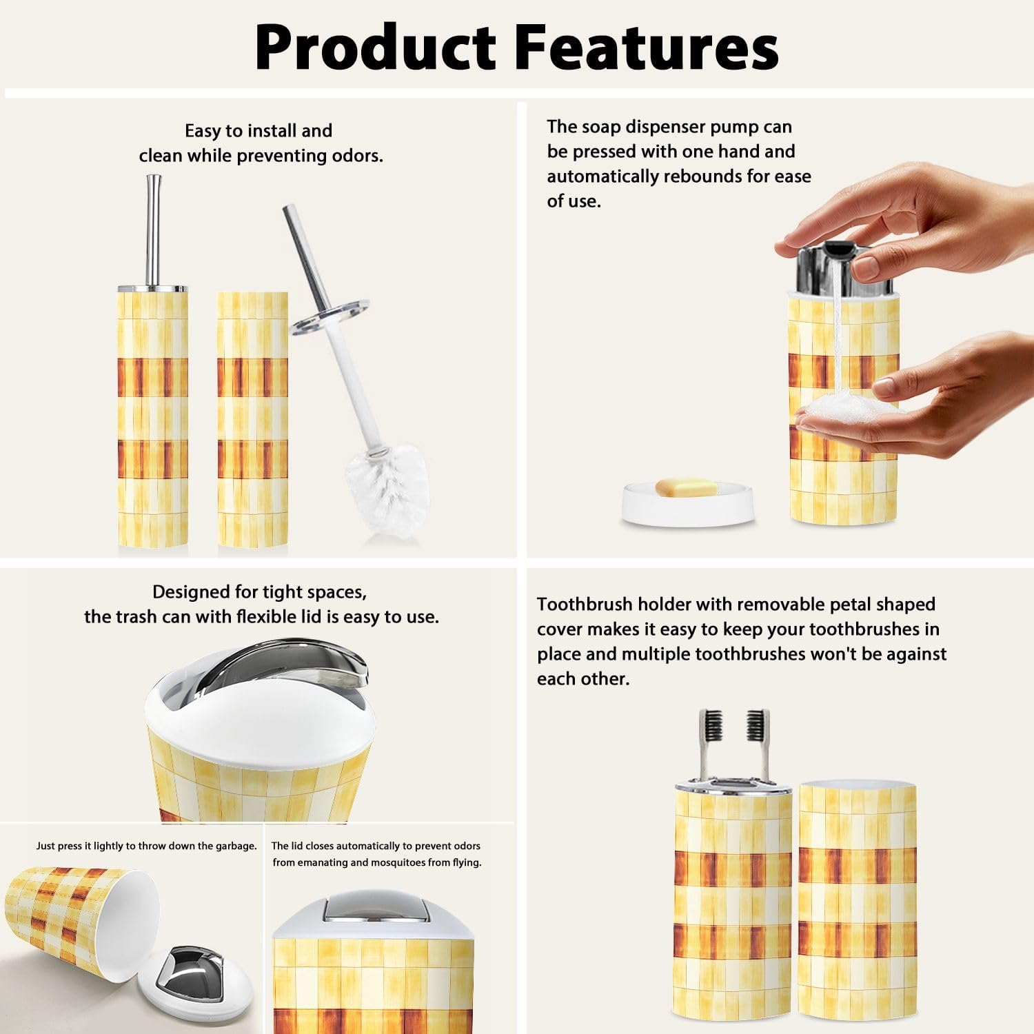 TRANQDEHOM 6-Piece Bathroom Accessory Set with Boho Check Pattern