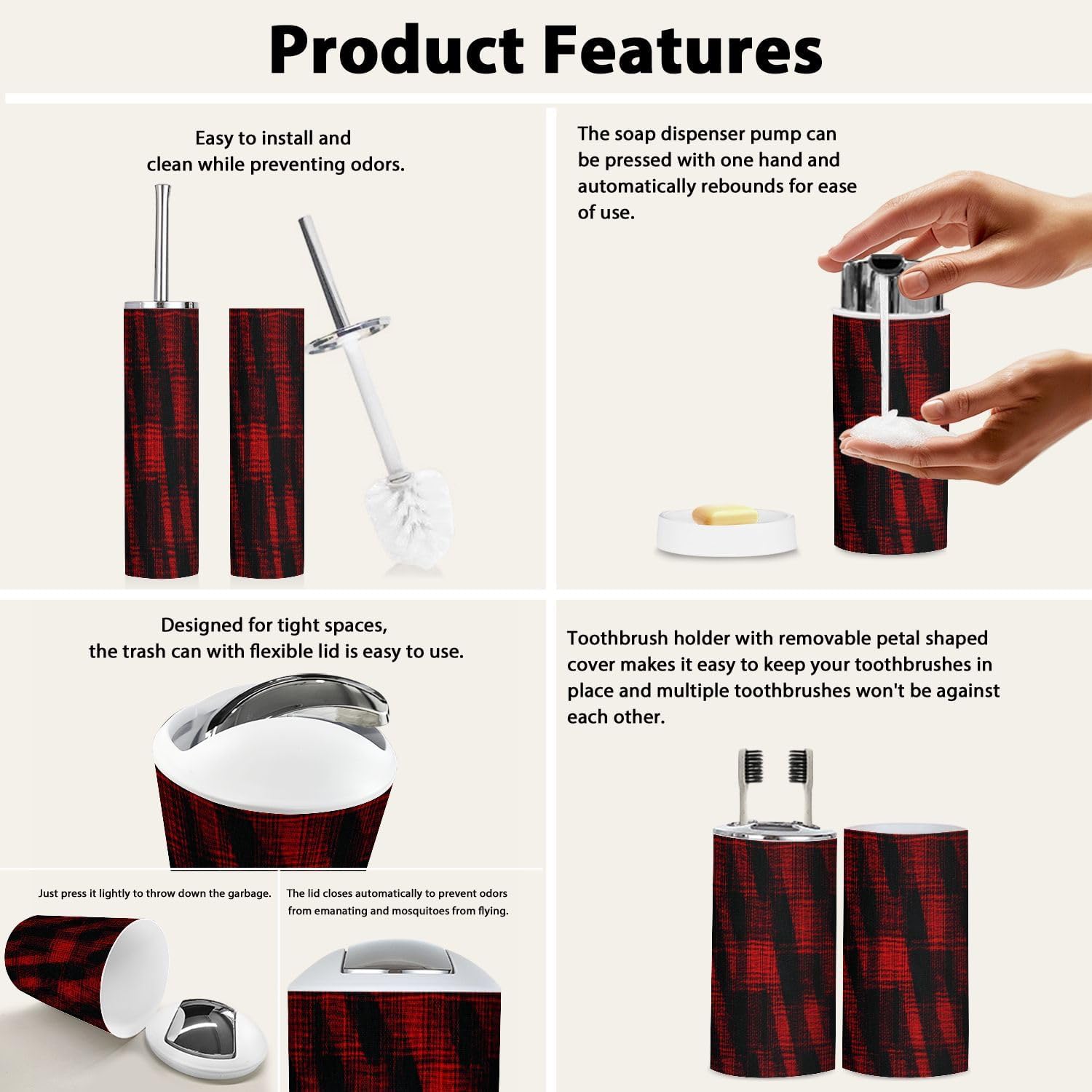 Boho Plaid Tartan Bathroom Accessories Set 6 Piece