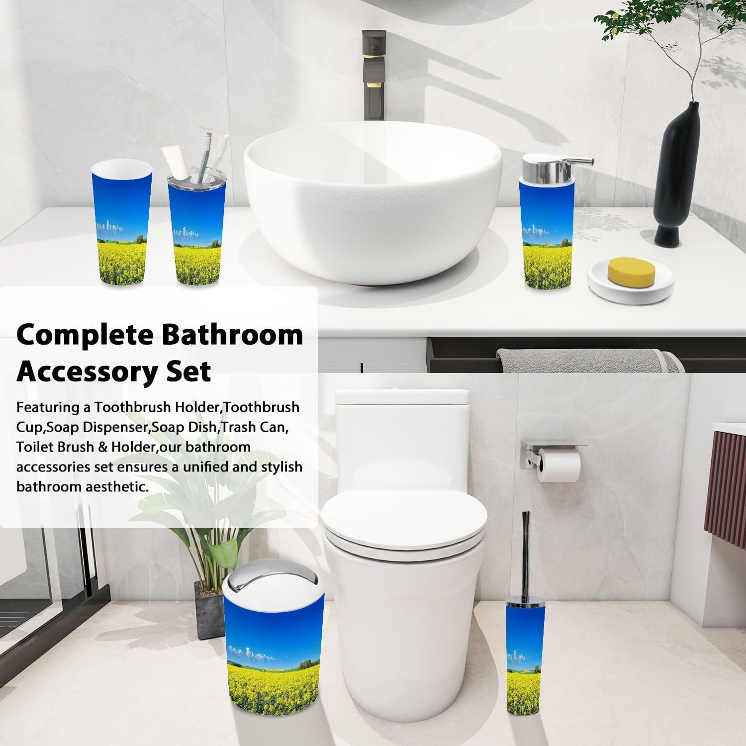 Boho Field Colza Rapeseed Bathroom Accessory Set 6 Piece