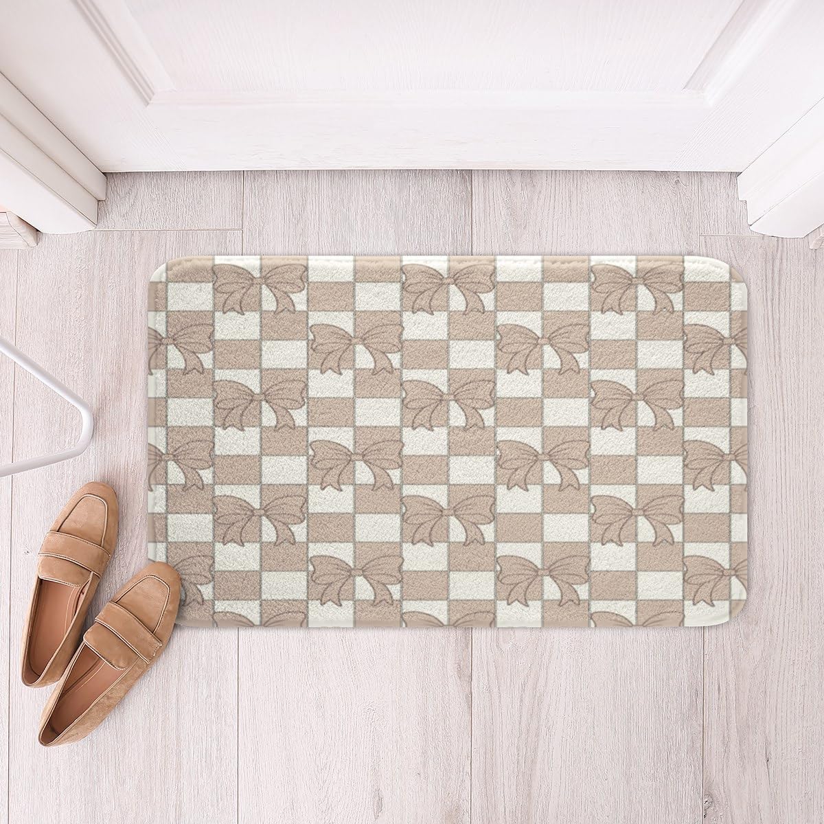 Light Pink Checkered Kids Door Mat Non Slip Bath Rug