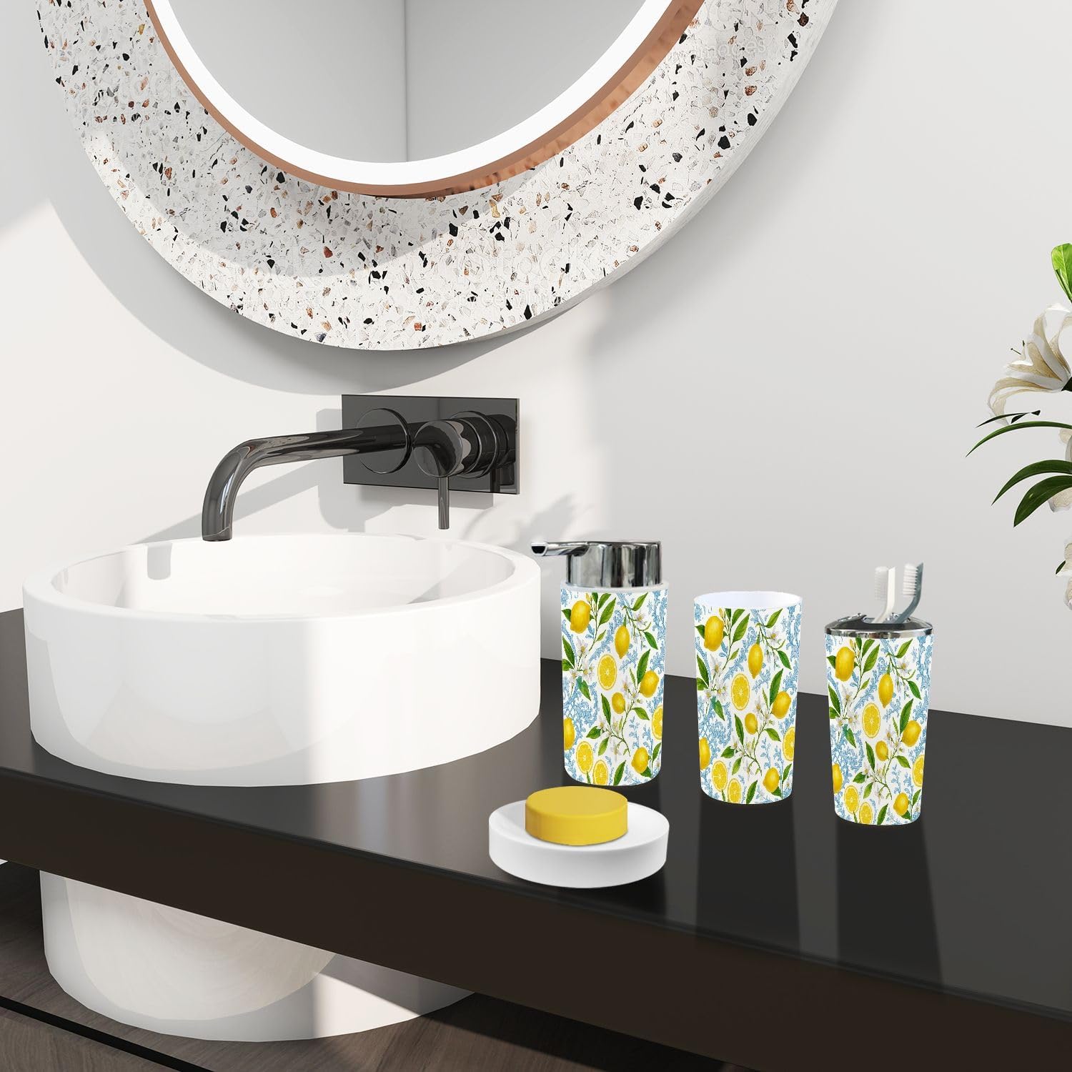 Boho Bathroom Accessory Set of 6 Pieces Yellow Lemon Fruits Floral