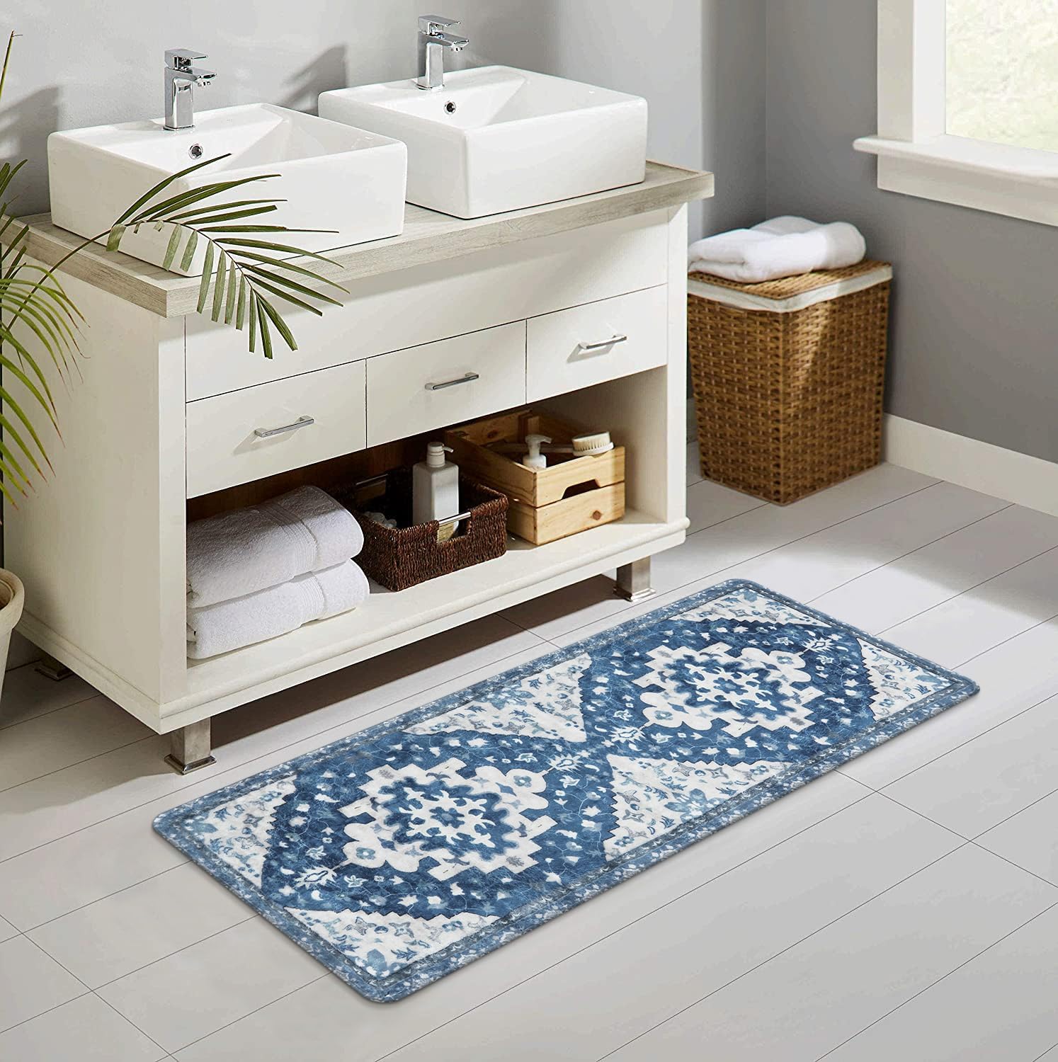 Uphome Boho Bathroom Rug Runner Non-Slip Blue Soft Mat