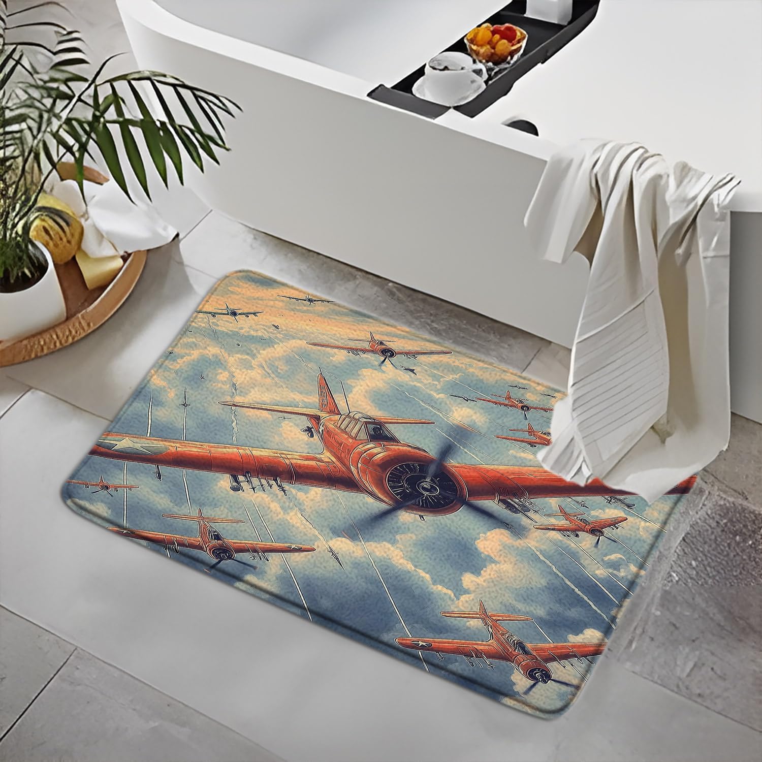 Vintage Airplane Bath Mat Retro Aircraft Flying Through Clouds Aviation Themed 16x24 Inch