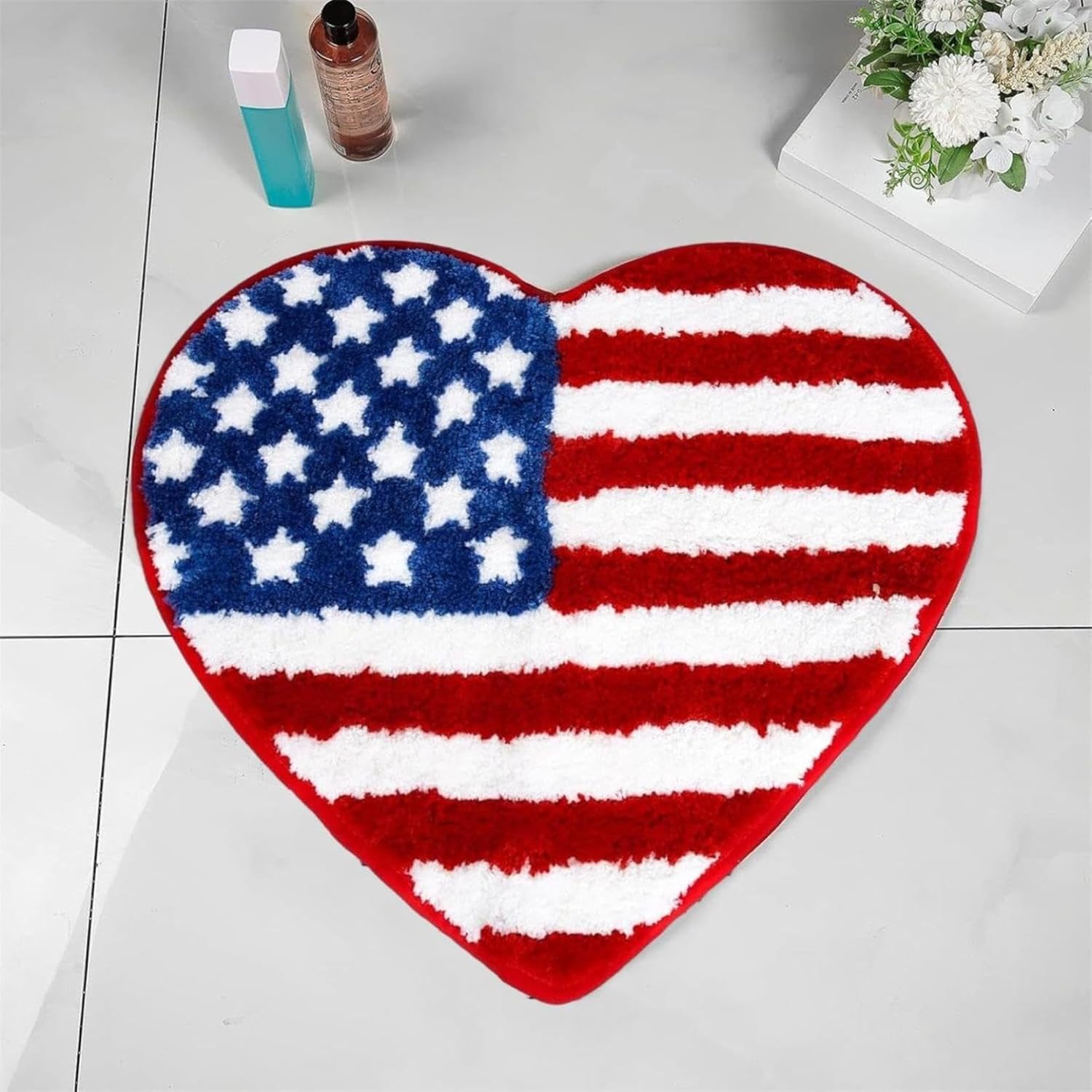 Patriotic Heart Bath Rug 4th of July Stars Stripes Non-Slip Doormat for Home