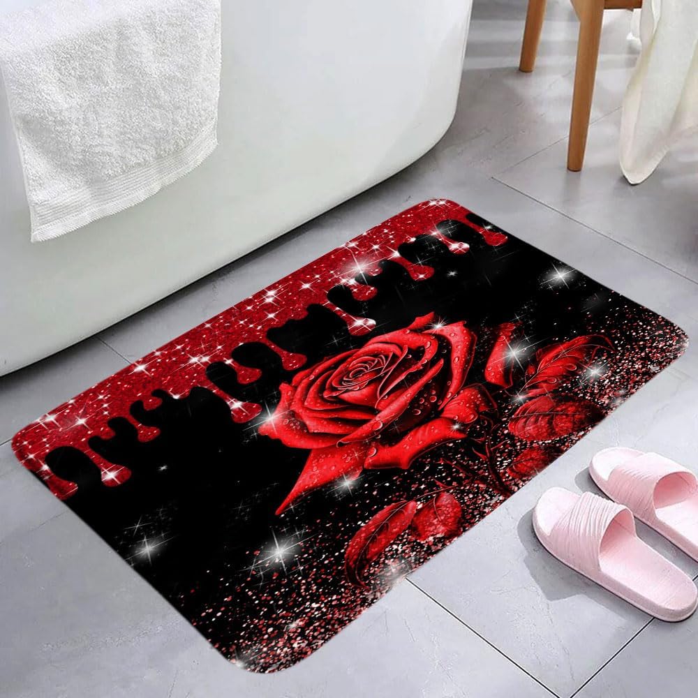 Red Rose Bath Mat with Shiny Roses Design