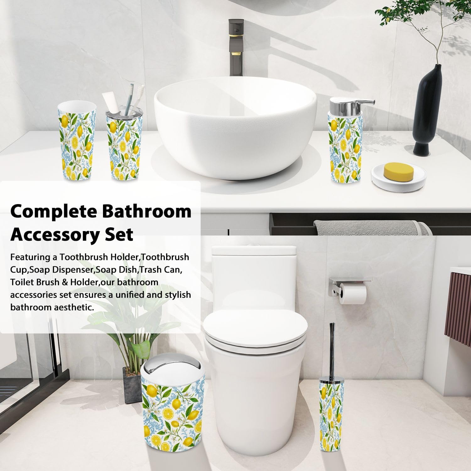 Boho Bathroom Accessory Set of 6 Pieces Yellow Lemon Fruits Floral
