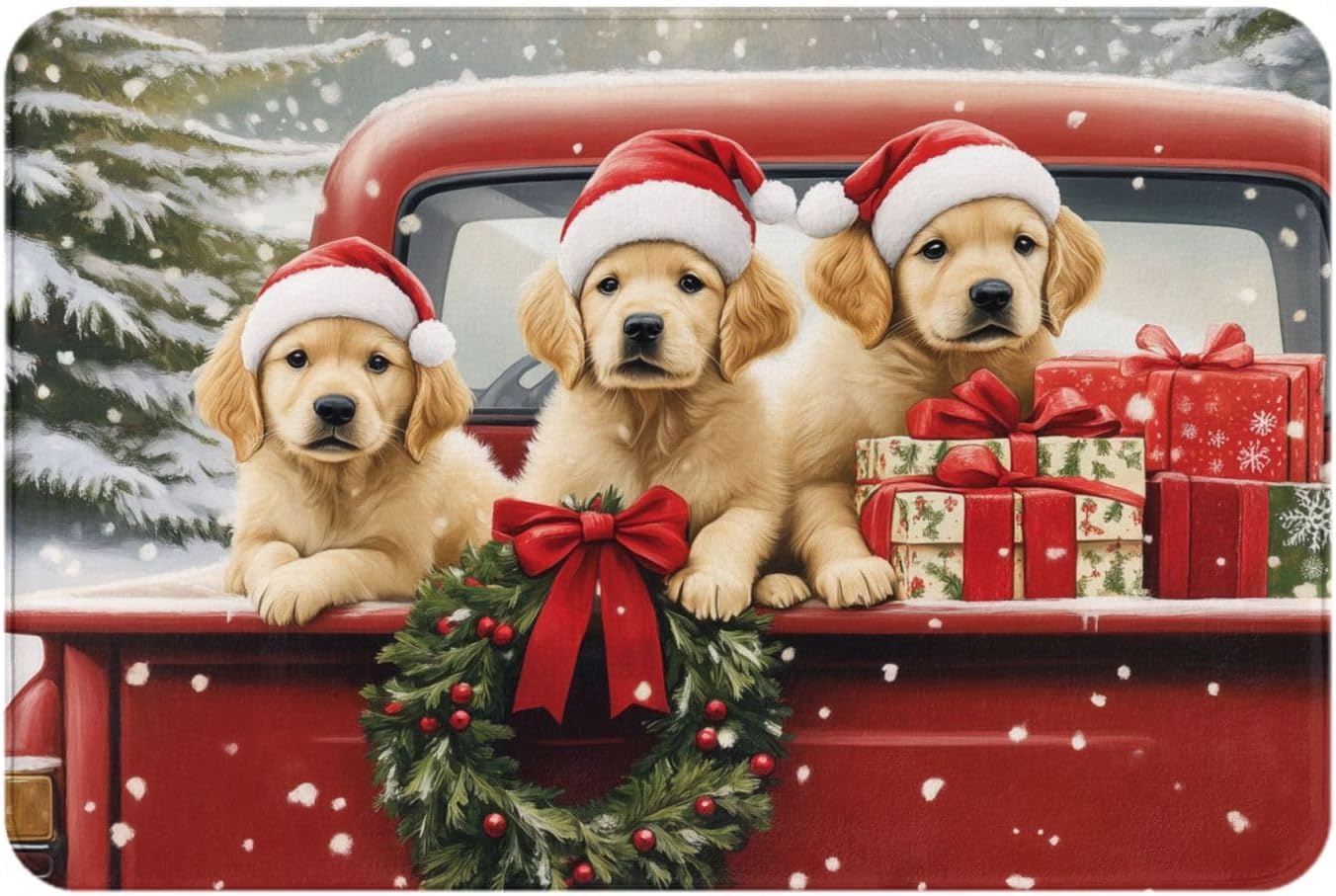 Rustic Christmas Red Truck With Dogs Bath Mat 1