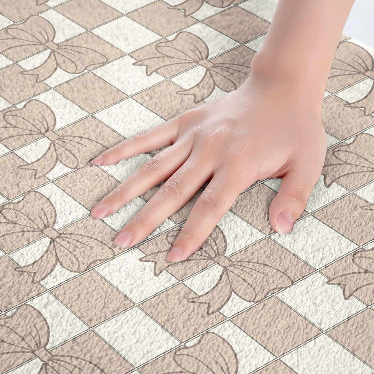 Light Pink Checkered Kids Door Mat Non Slip Bath Rug