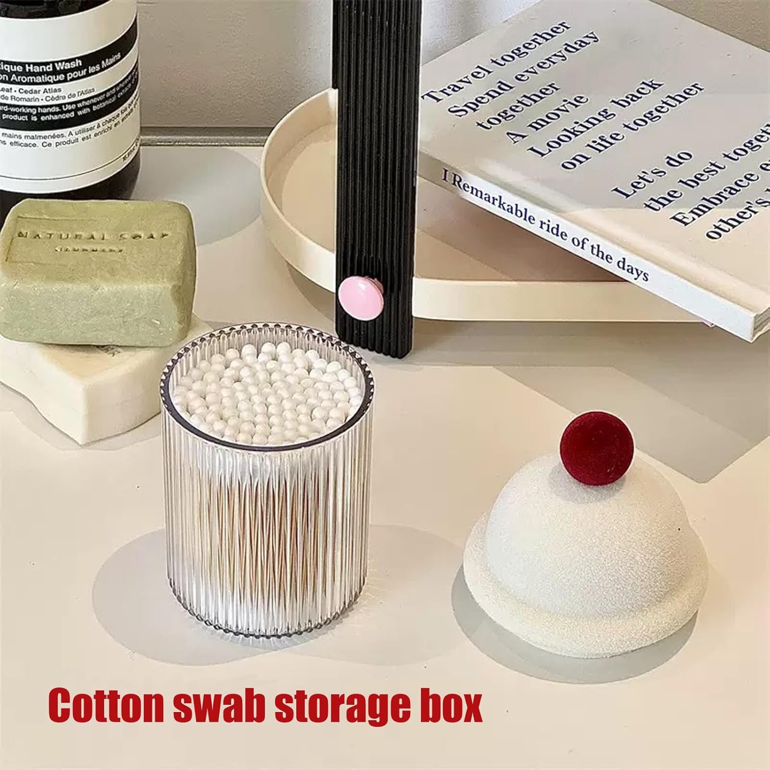 2 Pack Q-Tip Holder Dispenser with Lids for Cotton Swabs Floss Picks Bathroom Essentials Vanity Storage Red