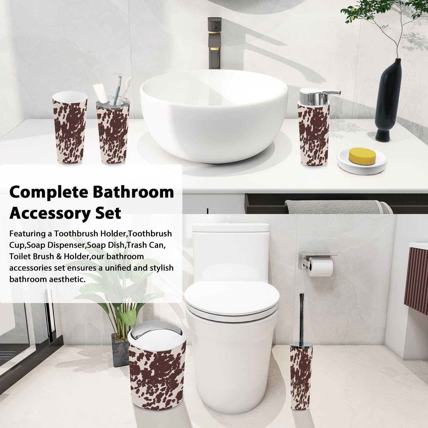 Boho Cow Horse Print Bathroom Accessory Set 6 Piece