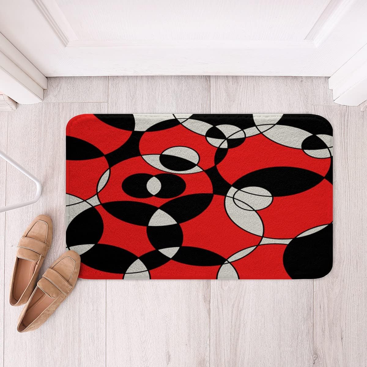 Geometric Circle Bath Rug Non-Slip Shaggy Red Black 24x16 Inch 1