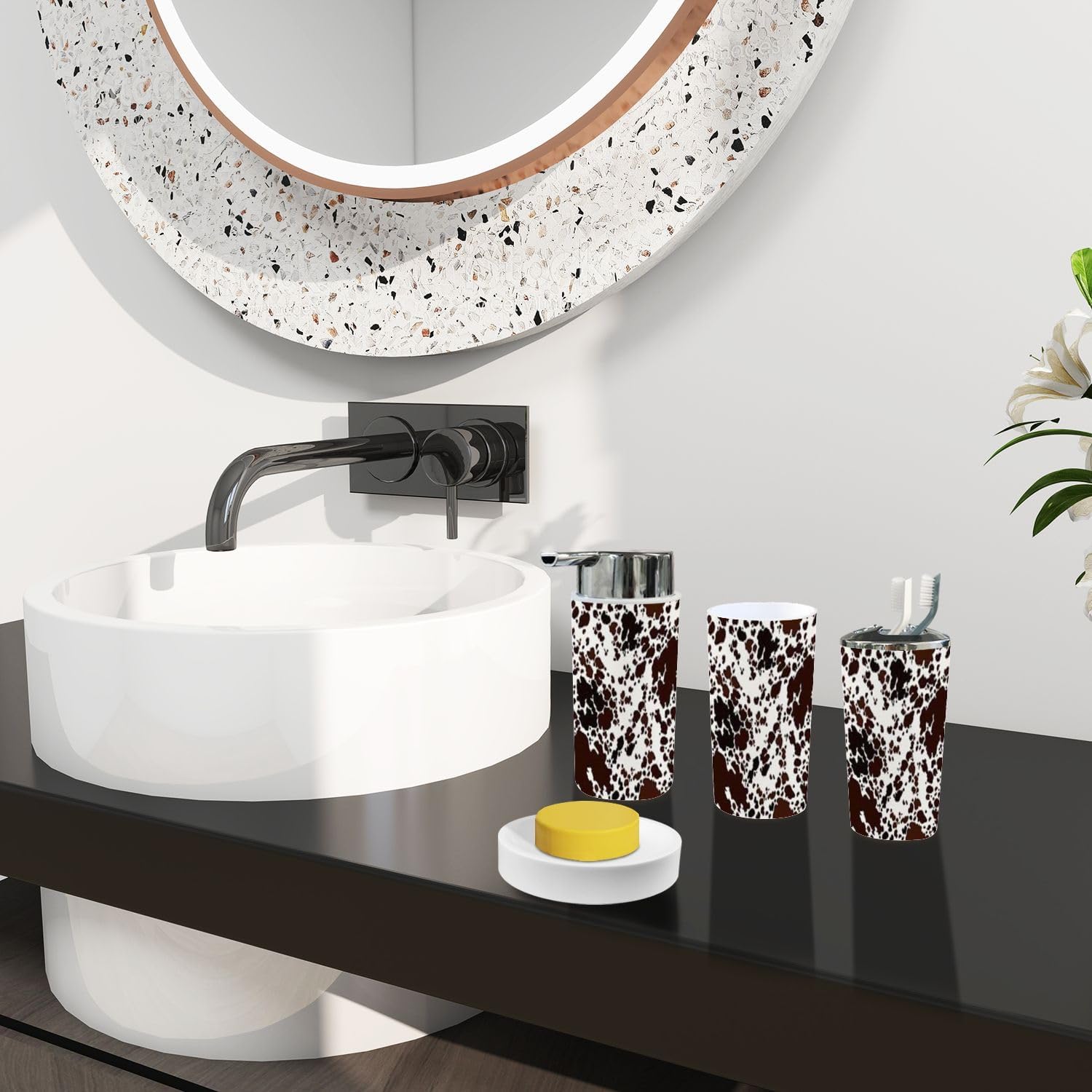 Boho Cow Skin Pattern Trash Can Accessories Set