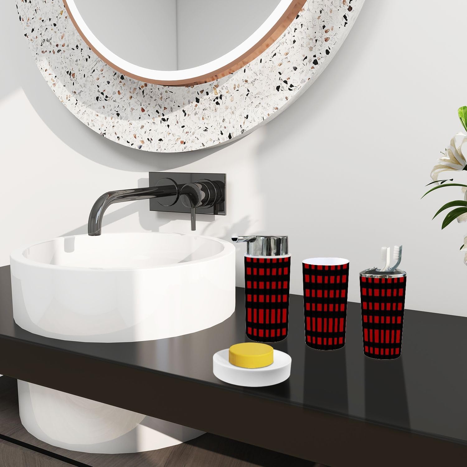 Boho 6-Piece Bathroom Accessory Set with Tartan Design