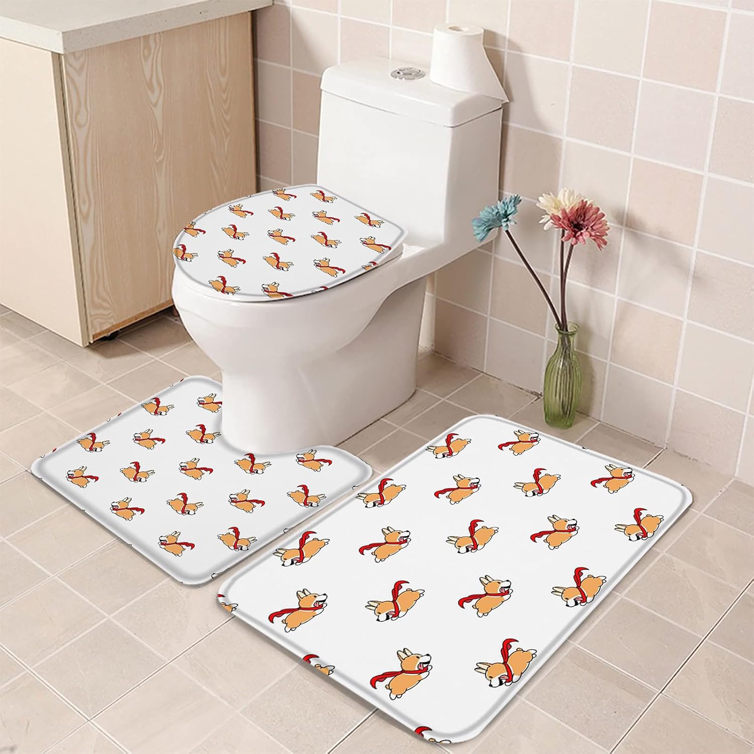YESOF66 3 Piece Bathroom Rugs Set with Cute Corgis Pattern