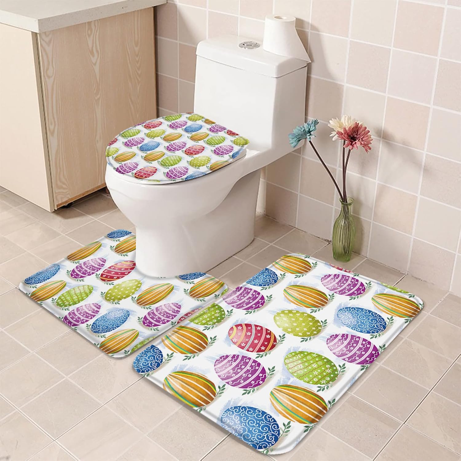 YESOF66 3 Piece Bathroom Rug Set Easter Theme Watercolor Eggs Pattern