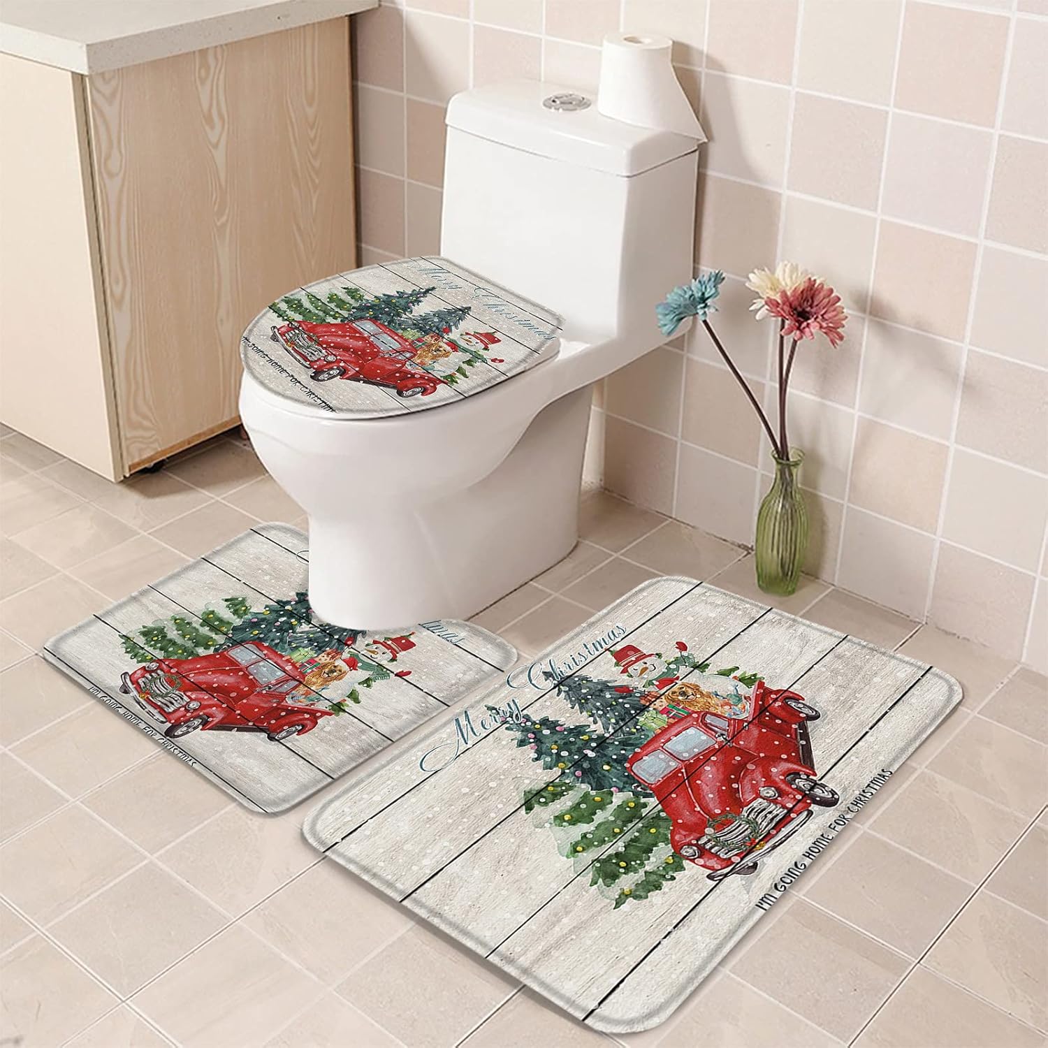 YESOF66 3 Piece Bathroom Rug Set with Non-Slip U Shaped Mat Snowman Golden Retriever Toilet Cover