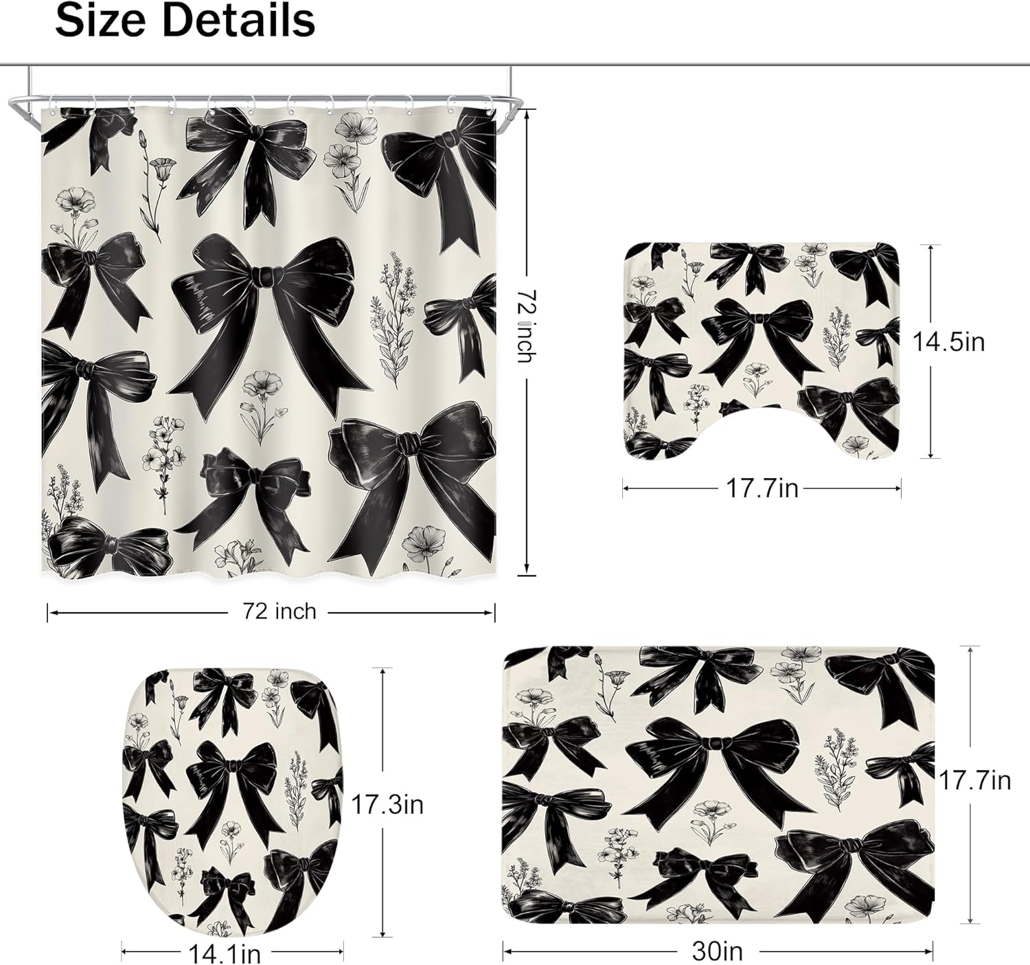 Ufeela 4 PCS Black Bow Shower Curtain Set