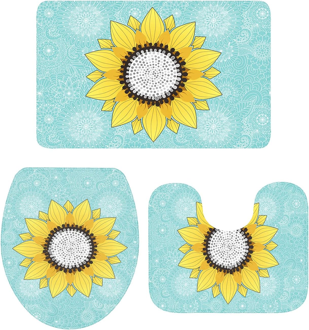 3 Piece Bathroom Rug Set with Mandala Sunflower Pattern